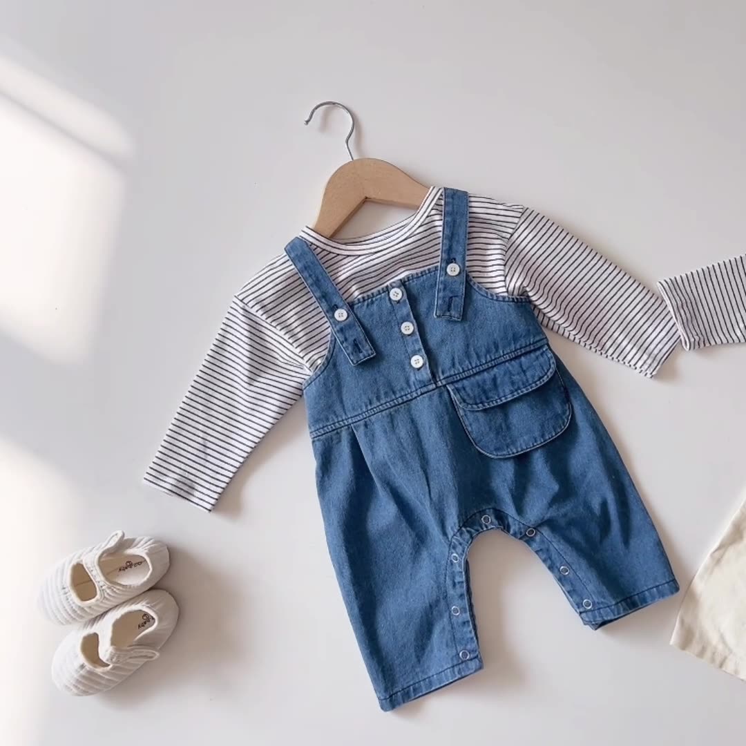 Children's clothing boys and girls baby spring new baby denim overalls striped long sleeved T-shirt foreign style