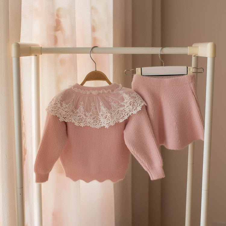 Autumn Winter Children's Sweater Set Girls' Lace Solid Color Long Sweater +Short Skirt 2PCS Girls Clothes Suit