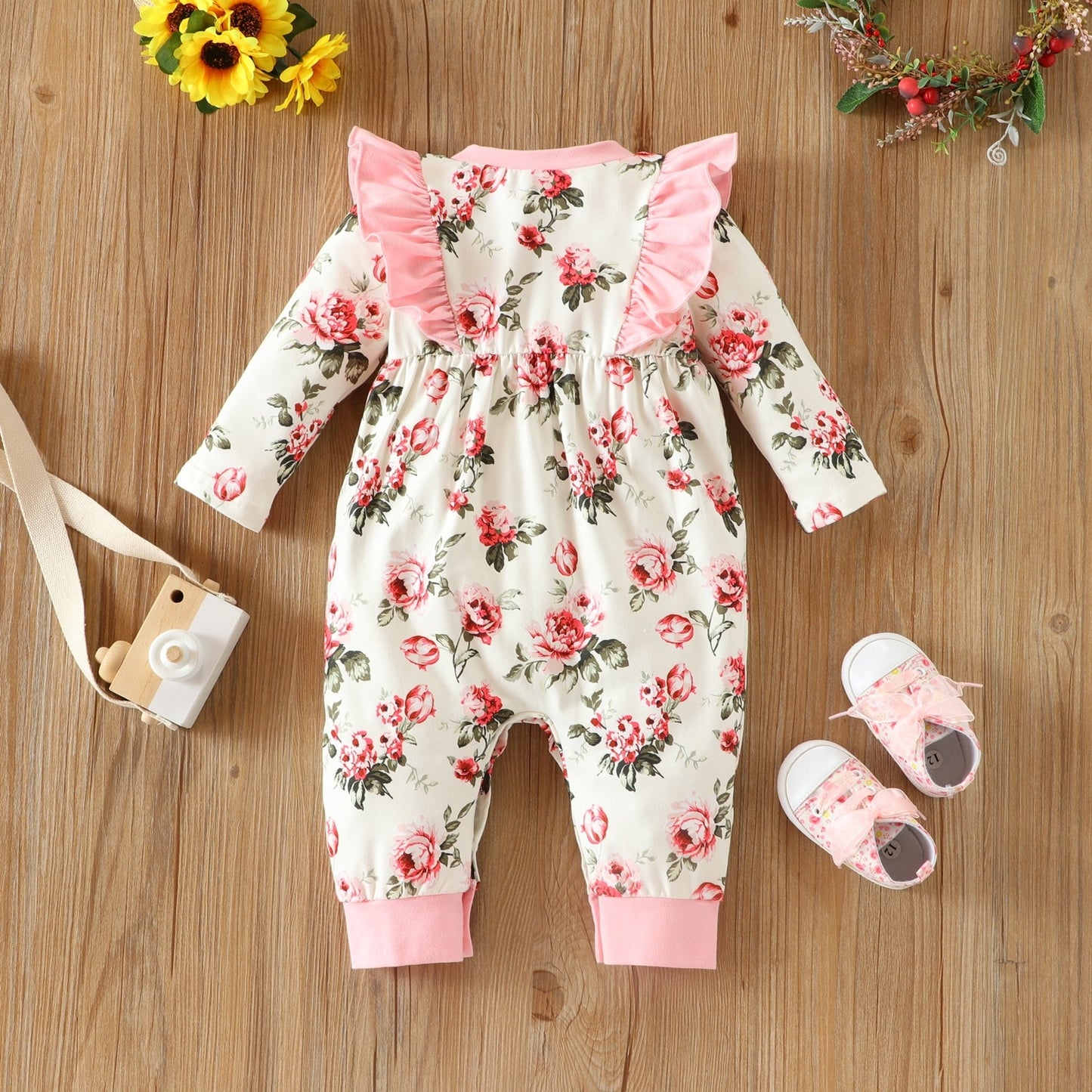 Infant Children's Long-Sleeved Lace Bow Flower One-Piece Romper Girl Baby Autumn And Winter Romper