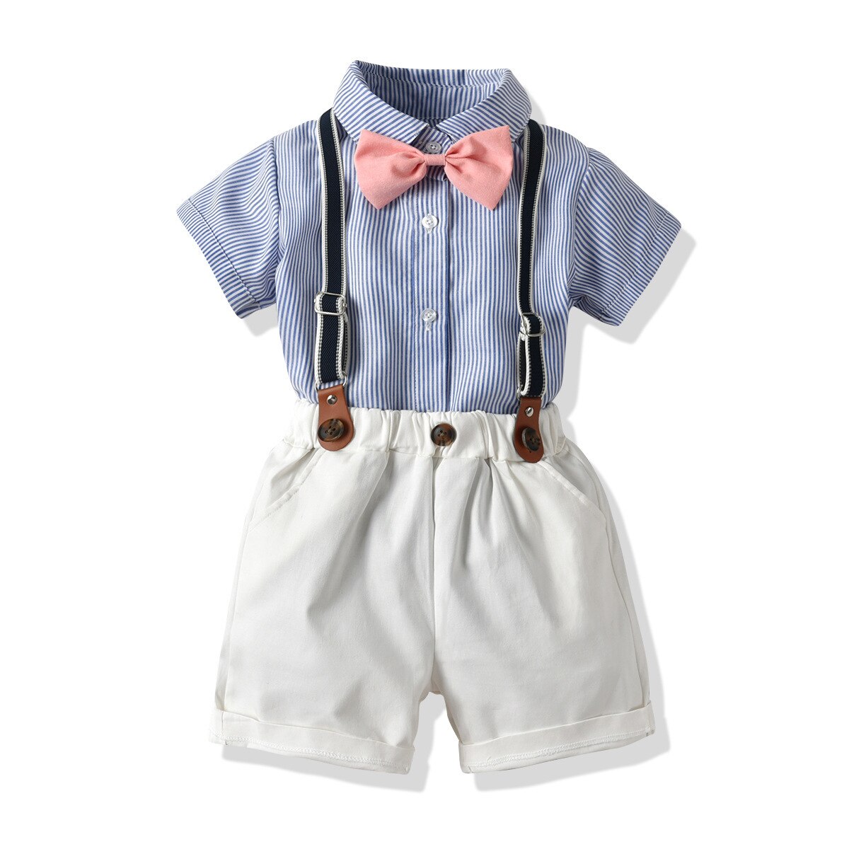 New Boy's Gentleman Suit Summer Short-Sleeved Striped Shirt Bow Tie Shorts Strap Four-Piece Suit