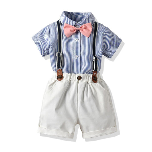 New Boy's Gentleman Suit Summer Short-Sleeved Striped Shirt Bow Tie Shorts Strap Four-Piece Suit