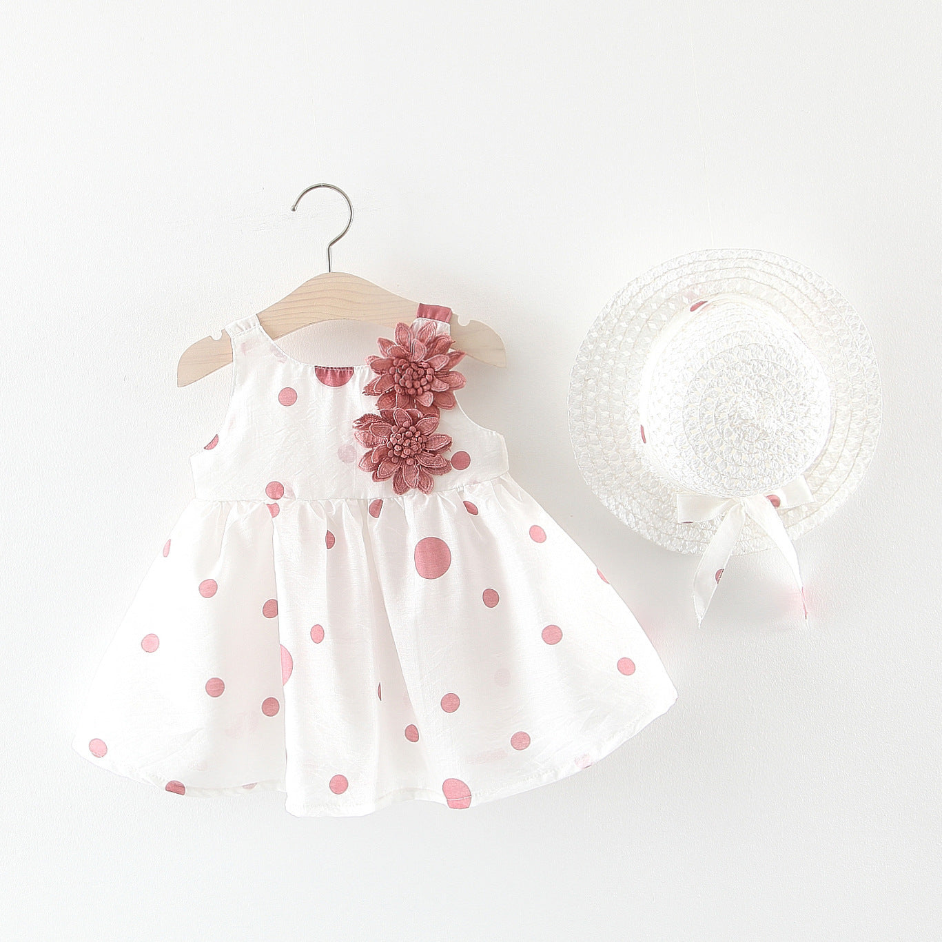 Summer Girls Dot Strap Dress Baby Sleeveless Princess Dress Beach Skirt Free Hat