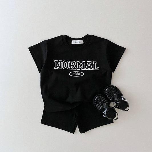 Korean Version Ins Children's Clothing Solid Color Cotton Casual Short-Sleeved Suit Baby Letter Embroidery T-Shirt Shorts