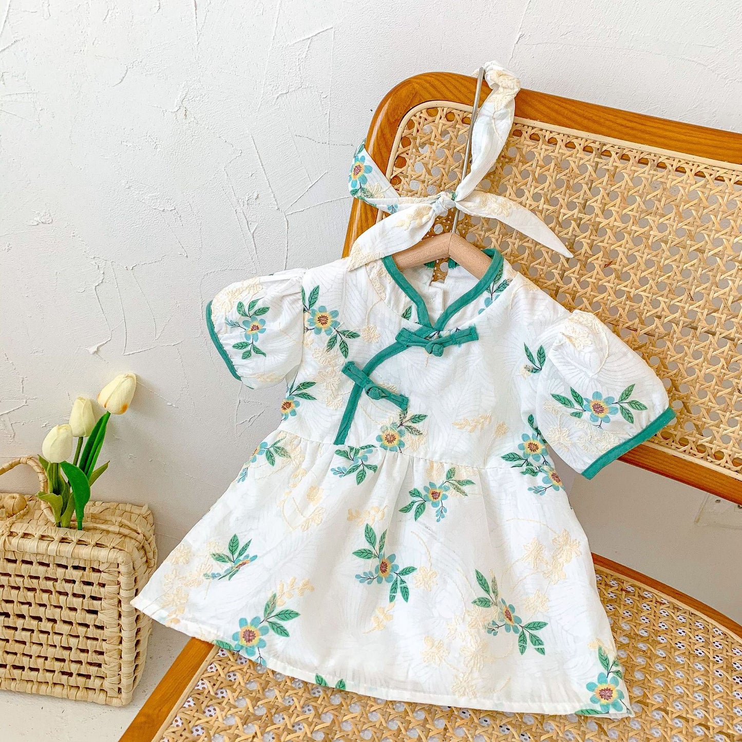Girls Dress Green Floral Embroidery Baby Summer Dress New Cheongsam Children's Skirt Children's Clothing