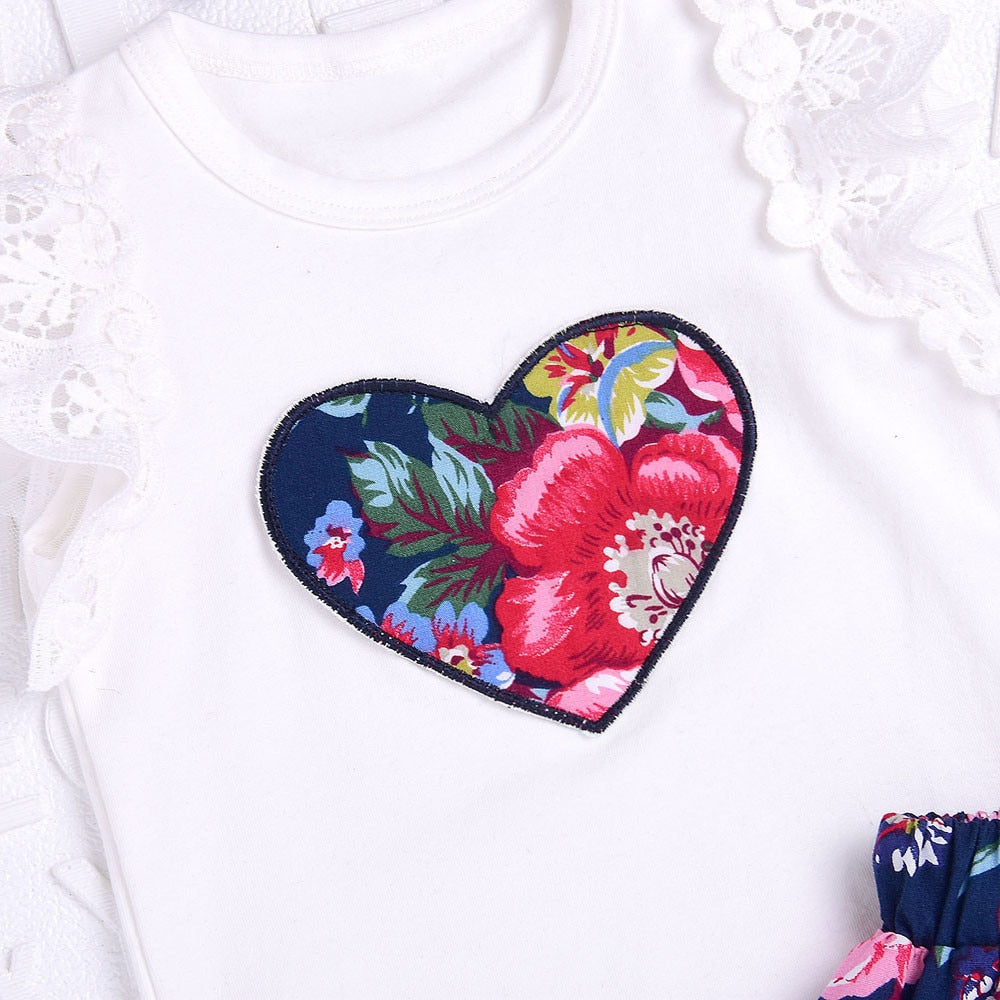 Baby Girl Clothes Floral Print Lace Tops+Print Skirt +Bow HeadbandsClothes Outfits Set