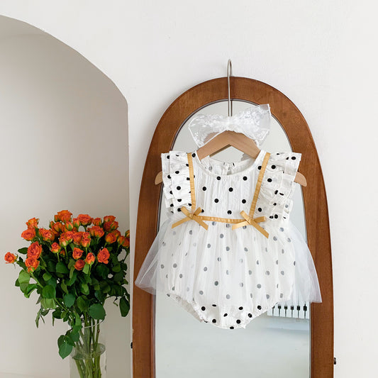 New Baby Children's Triangle Climbing Jumper Short-Sleeved White Summer One-Piece Romper Polka Dot Mesh Skirt