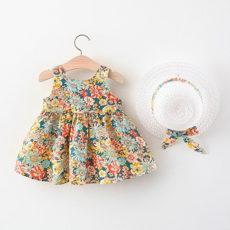 Children's Skirts  Chest Bow Dresses Pastoral Princess Skirts Send Hats Baby Beach Skirts
