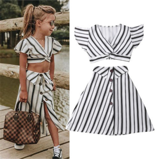 2pcs Clothes Set Baby Toddler Girls Striped Crop Tops Skirt Dress Sundress