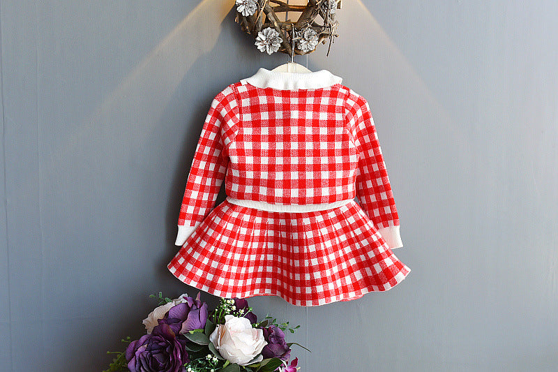 Knitting coat of foreign gas of girl of new fund of children's outfit autumn + skirt of knitted half is sweet two sets