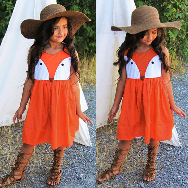1-5Y Casual Baby Girls Clothes Cute Toddler Kids Fox Dress Summer Sleeveless Party Dress Children Cotton Clothing