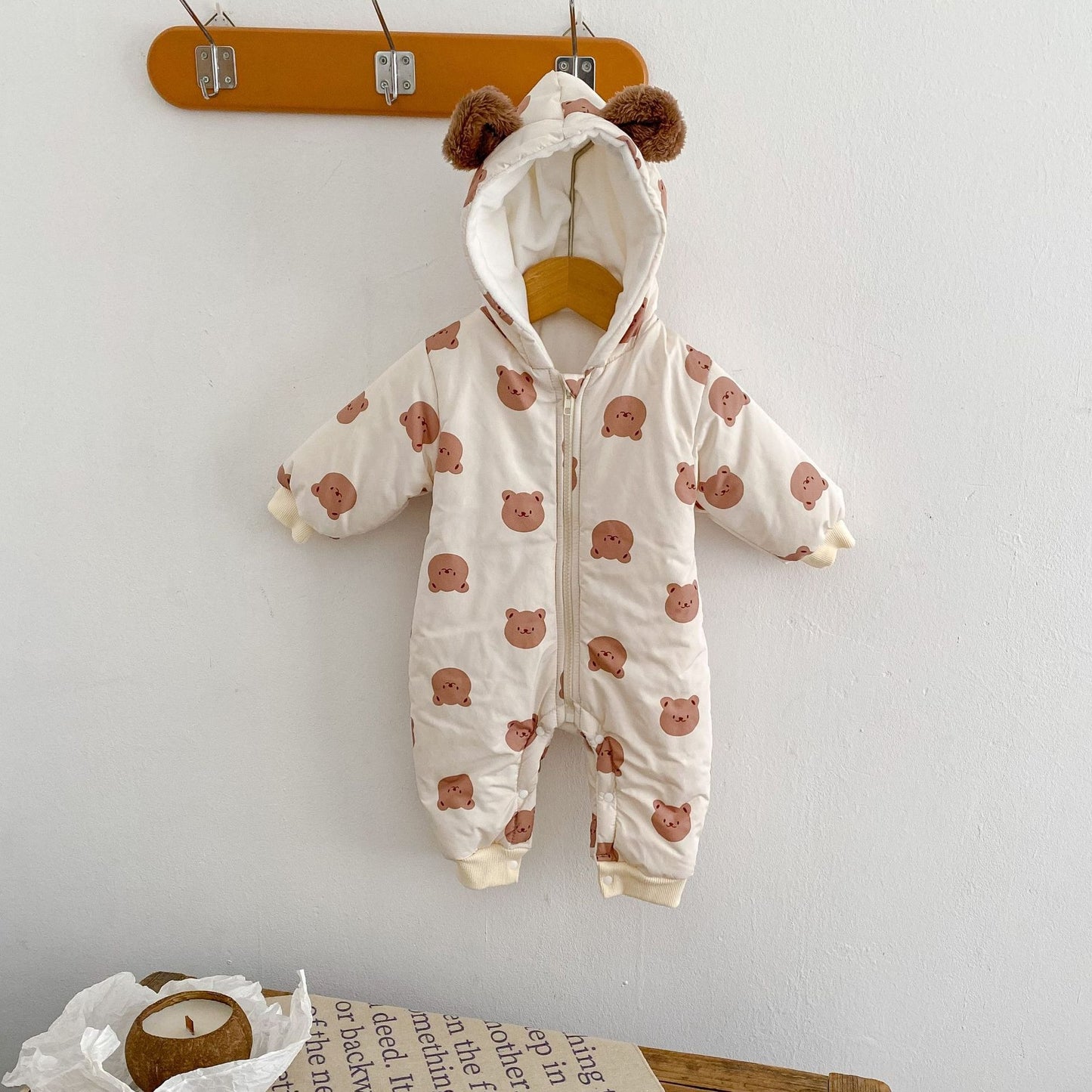 Winter Fleece Warm Bear Print Hooded Long Creeping Cotton Bodysuit Infant and Toddler Boys and Girls Long Creeping Clothes
