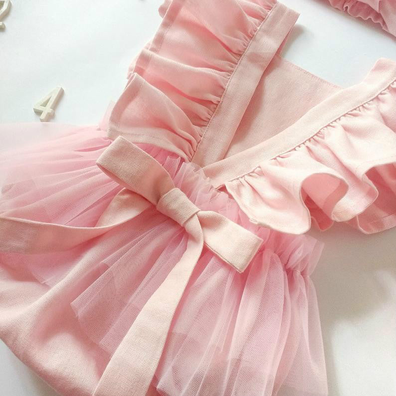 Ins Hot Summer Newborn Cotton Linen Romper Solid Color Mesh Bow Baby Romper