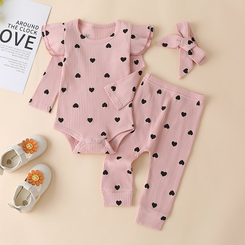 Autumn Korean Girl Casual Hang Striped Multicolor Long Sleeve Romper Love Print Three-piece Set