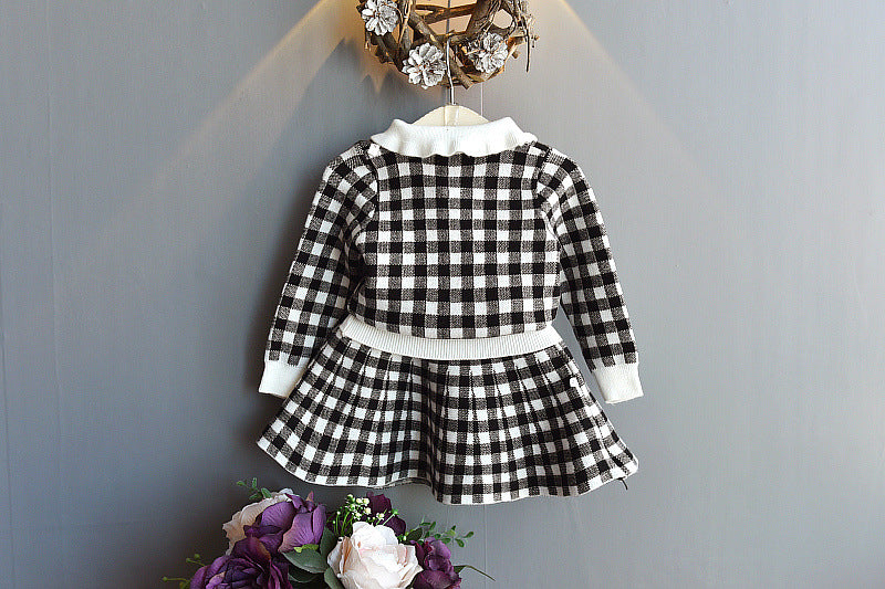 Knitting coat of foreign gas of girl of new fund of children's outfit autumn + skirt of knitted half is sweet two sets