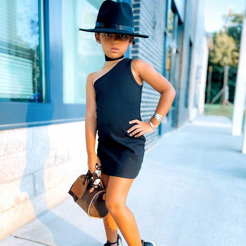 Spring And Summer New Children's Wear European And American Girls Fashion Pop One Shoulder Sleeveless Dress