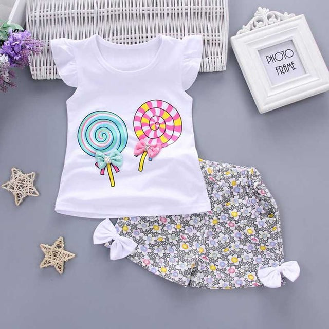 Baby Girl Set Lolly Sleeveless T-shirt Tops+Short Print Pants Clothes Set