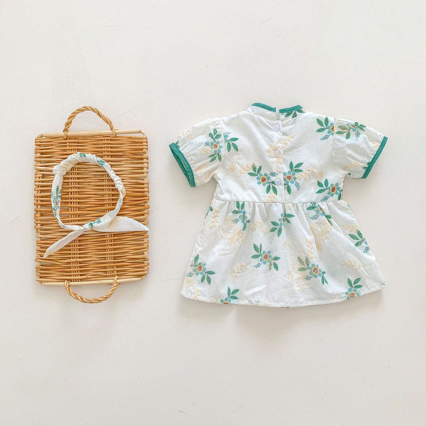 Girls Dress Green Floral Embroidery Baby Summer Dress New Cheongsam Children's Skirt Children's Clothing