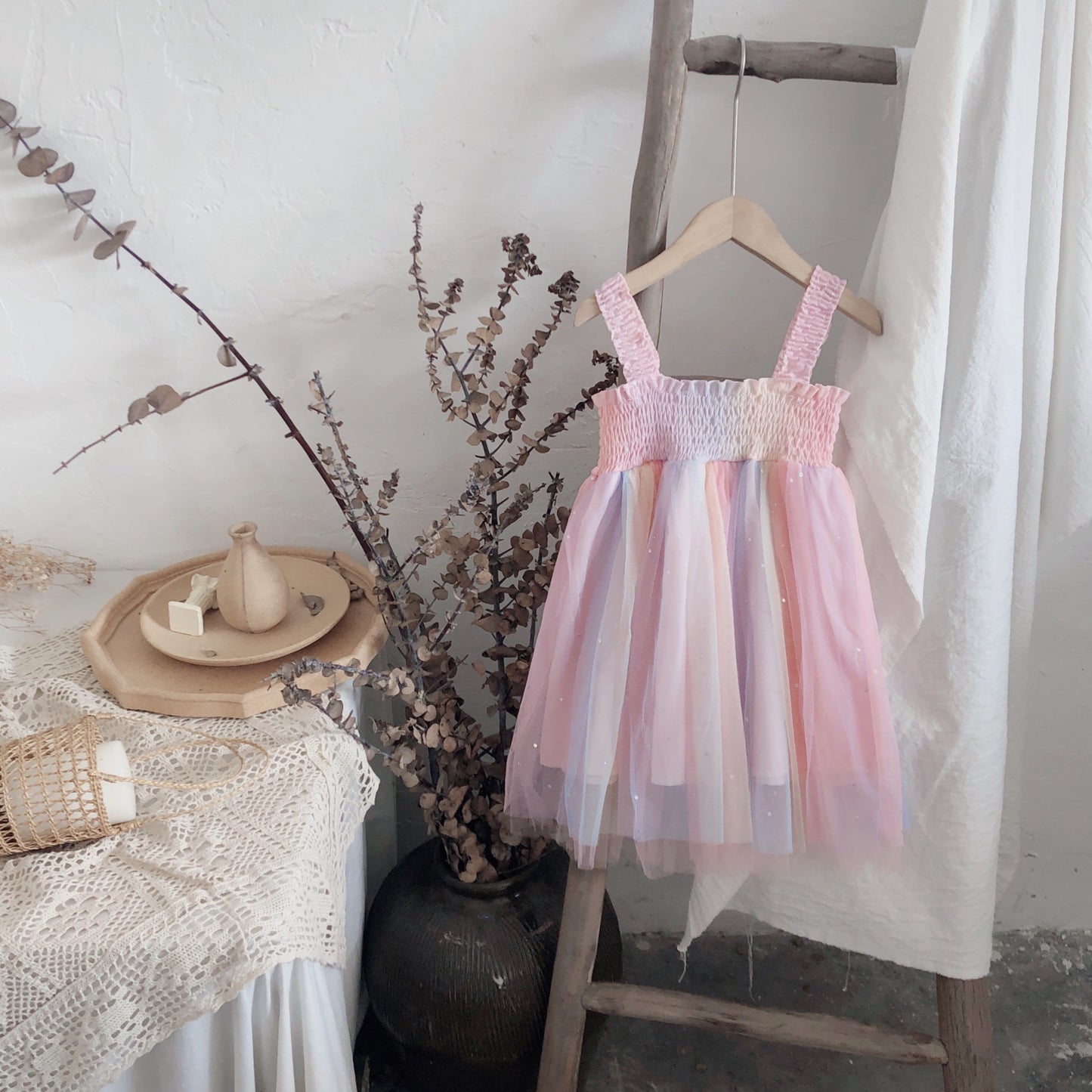 Girls Korean Style Skirt Rainbow Mesh Suspender Skirt Children's Princess Dress Summer Dress