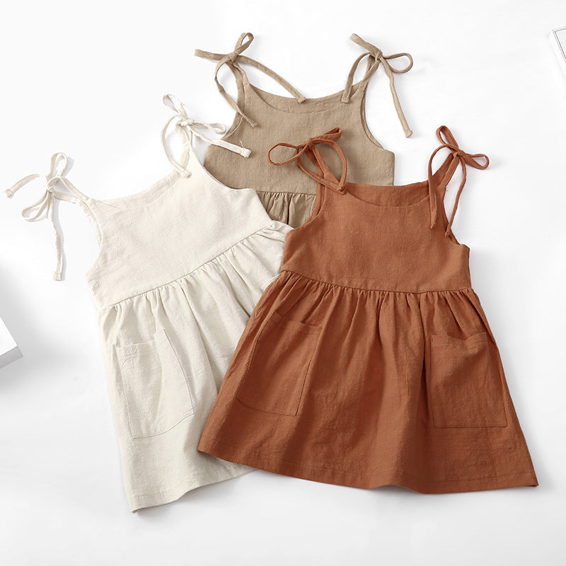 Ins Girls Summer Solid Color Cotton And Linen 2 Side Pocket Suspender Dress Tie Children's Suspender Dress