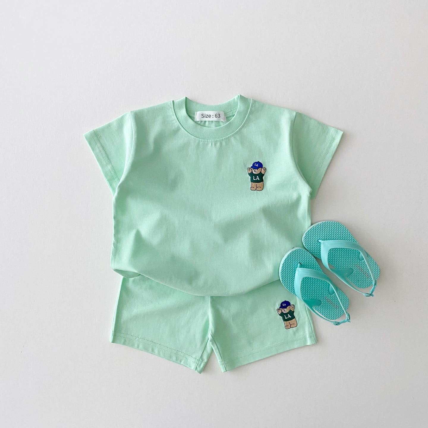 Korean Version Of Ins Children's Clothing Candy Color Cotton Casual Short-Sleeved Suit Baby Cartoon Bear T-Shirt Shorts