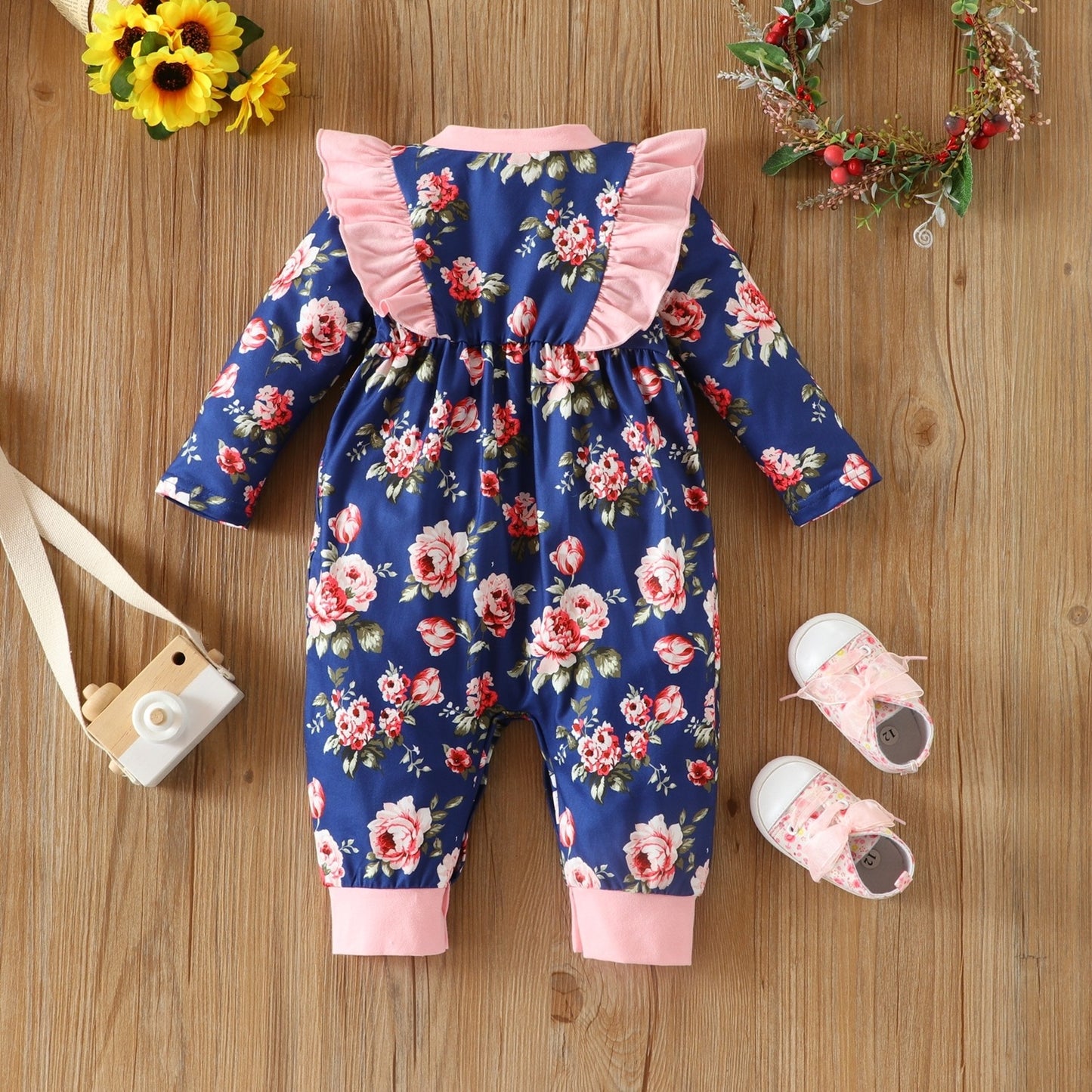 Infant Children's Long-Sleeved Lace Bow Flower One-Piece Romper Girl Baby Autumn And Winter Romper