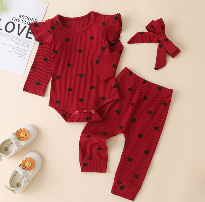Autumn Korean Girl Casual Hang Striped Multicolor Long Sleeve Romper Love Print Three-piece Set