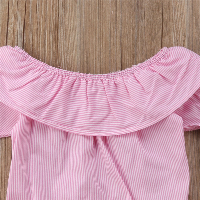 2PCS Baby Girls Clothing Set Girls Off Shoulder Romper +White Ripped Jeans Pants Infant Pink Outfits Newborn Clothes Sets