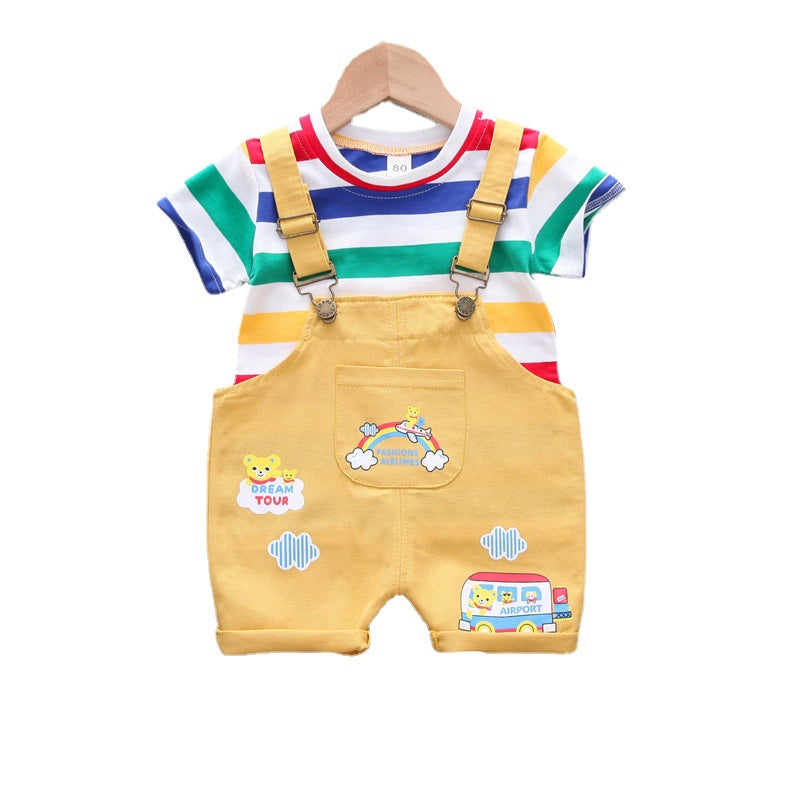 Children's Clothing Boys Striped Short Sleeve Printed Straps Two-Piece Fashion Cute Boy Summer Thin Section