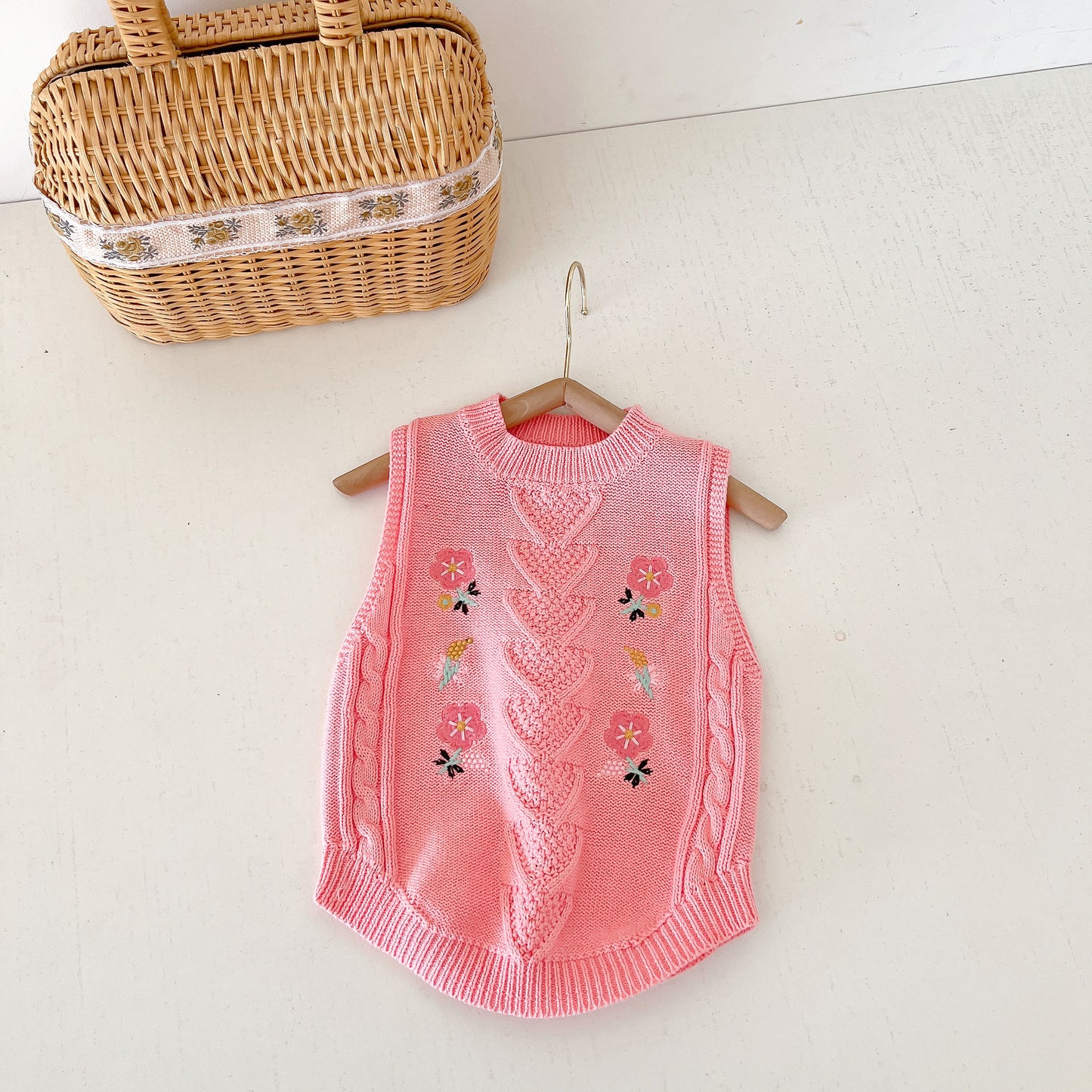 Spring baby girl all match baby 0-2 years old cardigan cotton yarn knitted sweater embroidered round neck vest