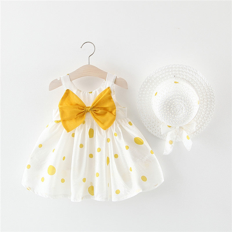 Summer Girls Dot Strap Dress Baby Sleeveless Princess Dress Beach Skirt Free Hat