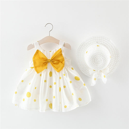Summer Girls Dot Strap Dress Baby Sleeveless Princess Dress Beach Skirt Free Hat
