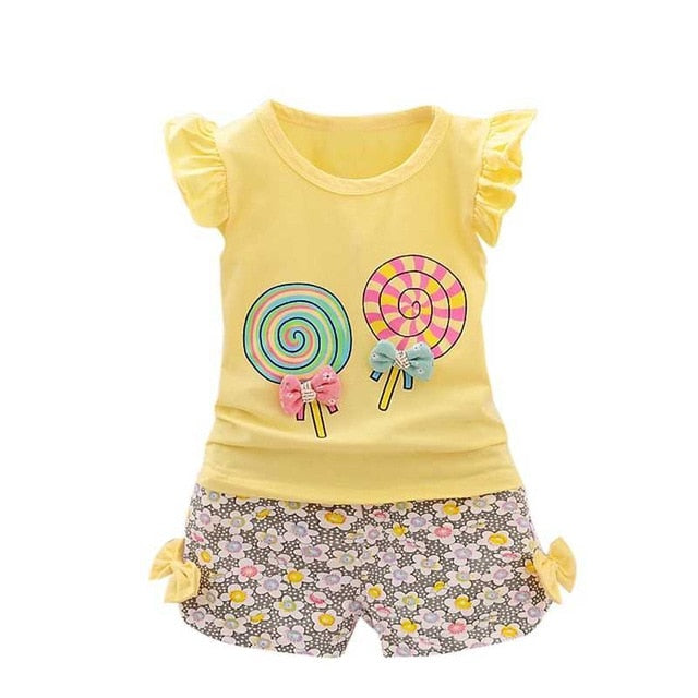 Baby Girl Set Lolly Sleeveless T-shirt Tops+Short Print Pants Clothes Set