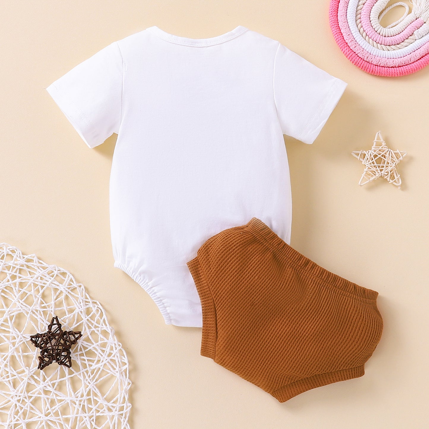 Girls Summer Suit Short-Sleeved Top + Triangle Shorts Two Piece Cotton Waffle Children's Suit