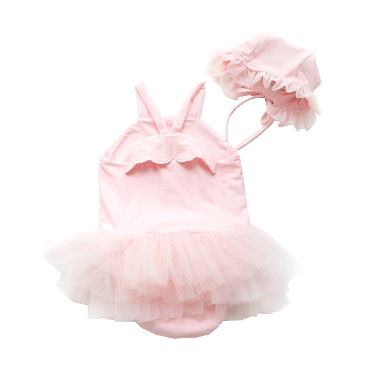 Baby Children Swimming Girls Swimsuit One-Piece Little Angel Wings Swimsuit Princess Girl Baby Skirt Tutu Skirt Lace