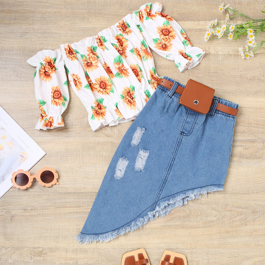 Girls New Korean Version Of Long Sleeve Sunflower Flared Top + Solid Color Suspender Skirt Two-Piece Set
