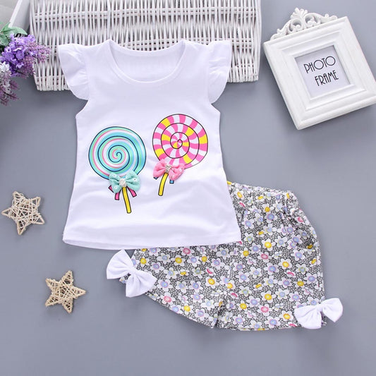 Baby Girl Set Lolly Sleeveless T-shirt Tops+Short Print Pants Clothes Set