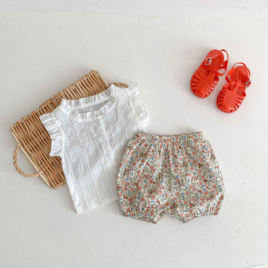 Summer Ins Infant Small Fresh Flying Sleeve Open Button Top + Small Floral Shorts Girl Baby 2-piece suit