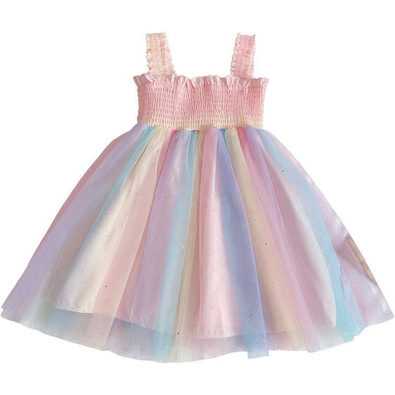 Girls Korean Style Skirt Rainbow Mesh Suspender Skirt Children's Princess Dress Summer Dress