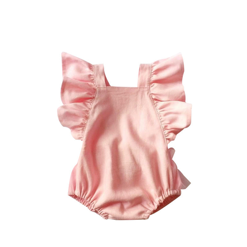 Ins Hot Summer Newborn Cotton Linen Romper Solid Color Mesh Bow Baby Romper