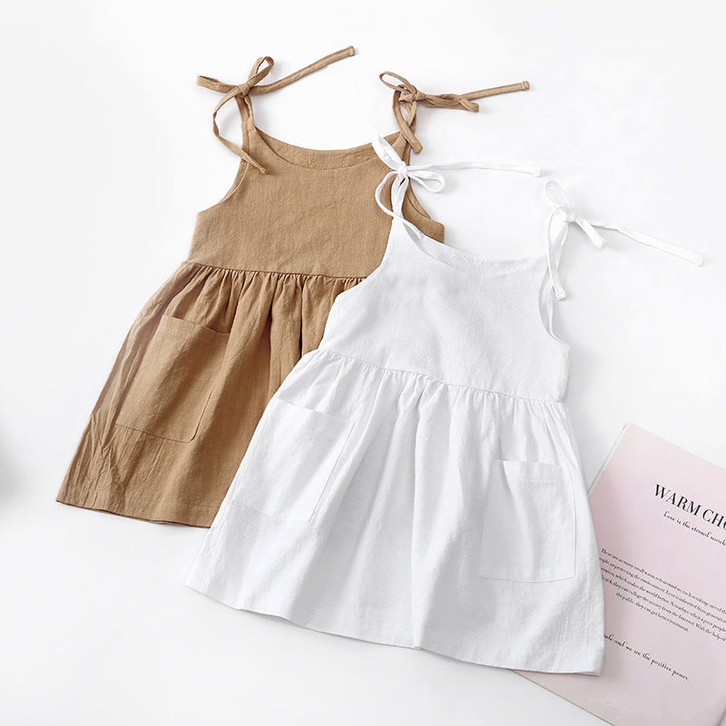 Ins Girls Summer Solid Color Cotton And Linen 2 Side Pocket Suspender Dress Tie Children's Suspender Dress