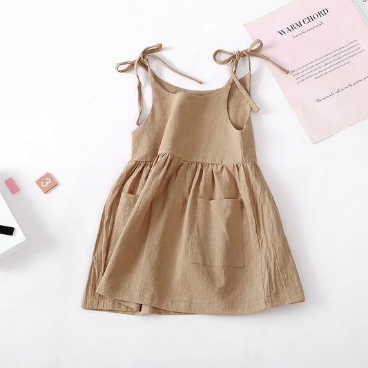 Ins Girls Summer Solid Color Cotton And Linen 2 Side Pocket Suspender Dress Tie Children's Suspender Dress