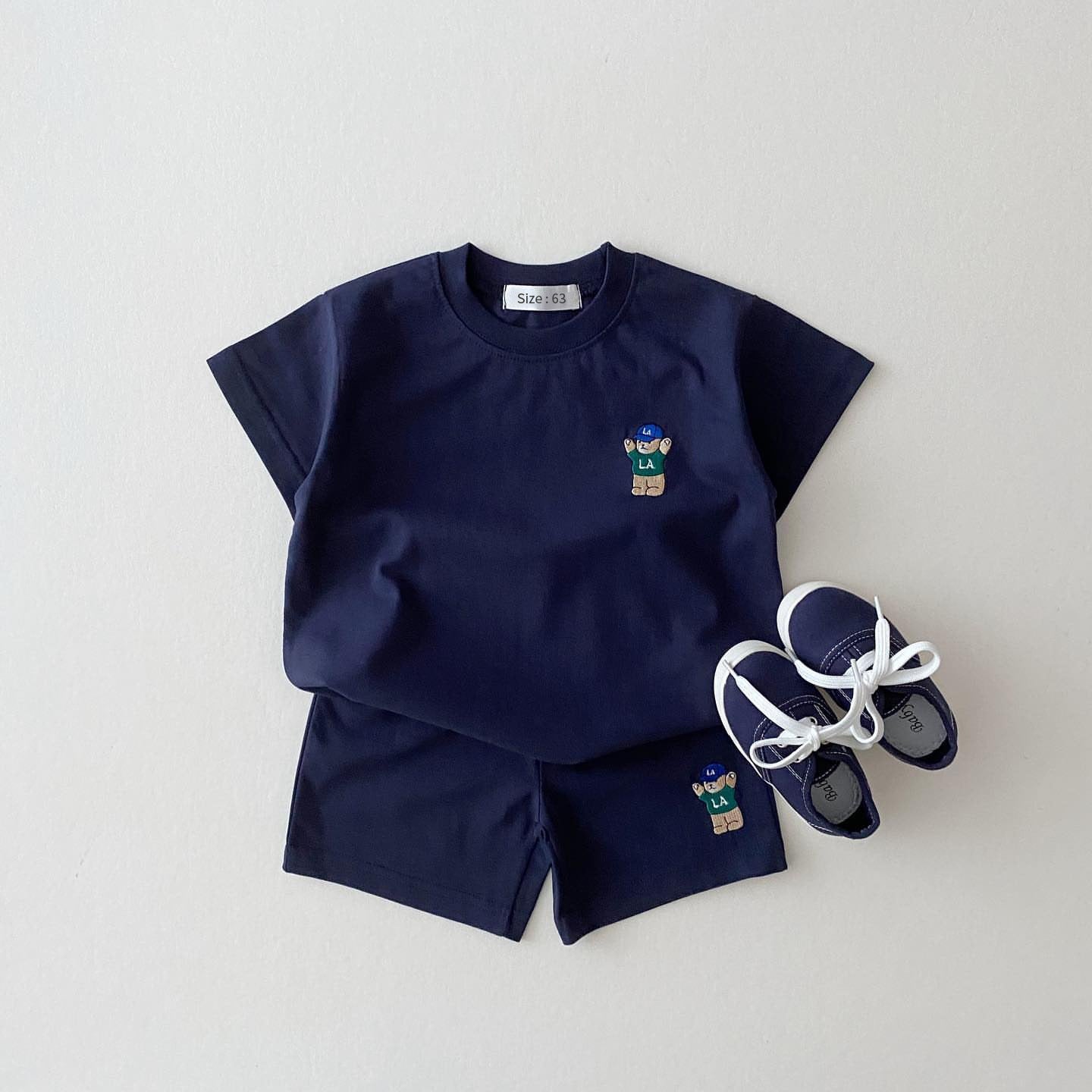 Korean Version Of Ins Children's Clothing Candy Color Cotton Casual Short-Sleeved Suit Baby Cartoon Bear T-Shirt Shorts