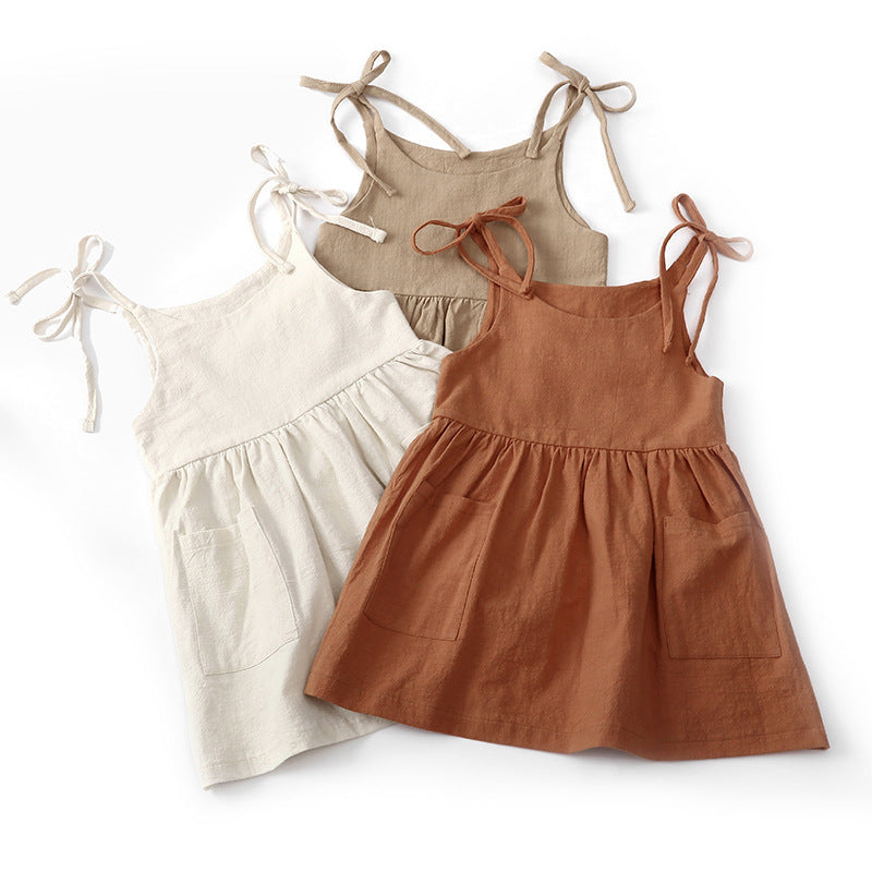 Ins Girls Summer Solid Color Cotton And Linen 2 Side Pocket Suspender Dress Tie Children's Suspender Dress