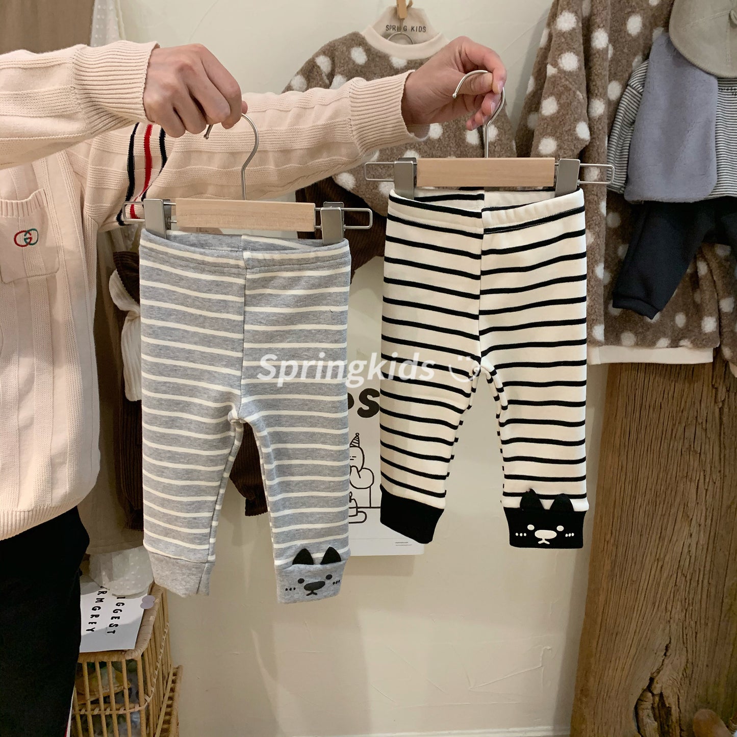 Children's clothing boys and girls cute bear striped leggings spring and autumn models are easy to wear elastic pants