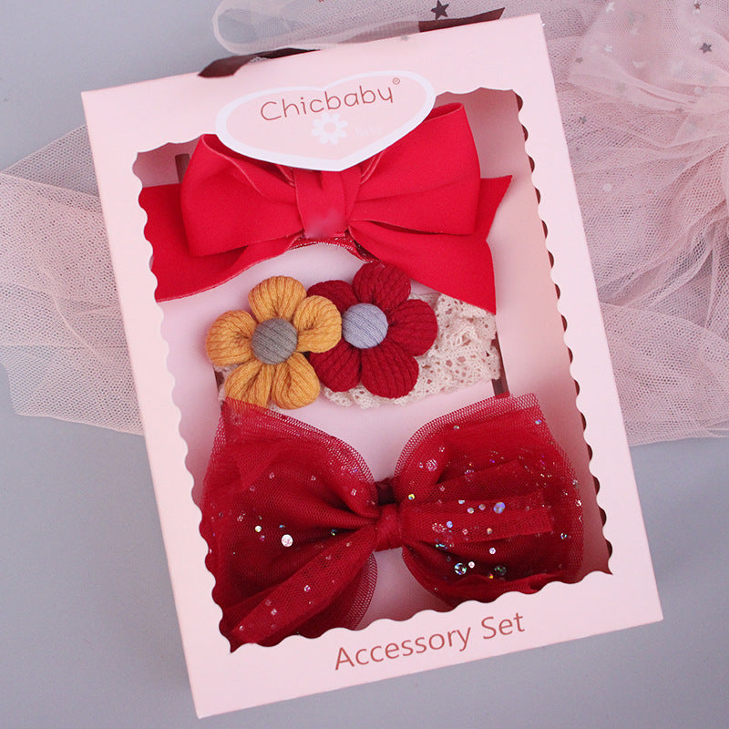 New Baby Hairband Korean Style Bow Flower Children's Hair Accessories Headband Guard Fontanelle Crown Jewelry Set Gift Box