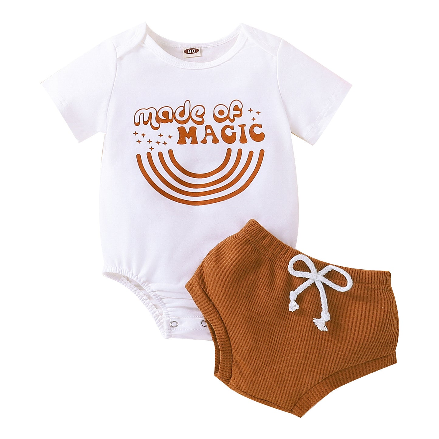 Girls Summer Suit Short-Sleeved Top + Triangle Shorts Two Piece Cotton Waffle Children's Suit