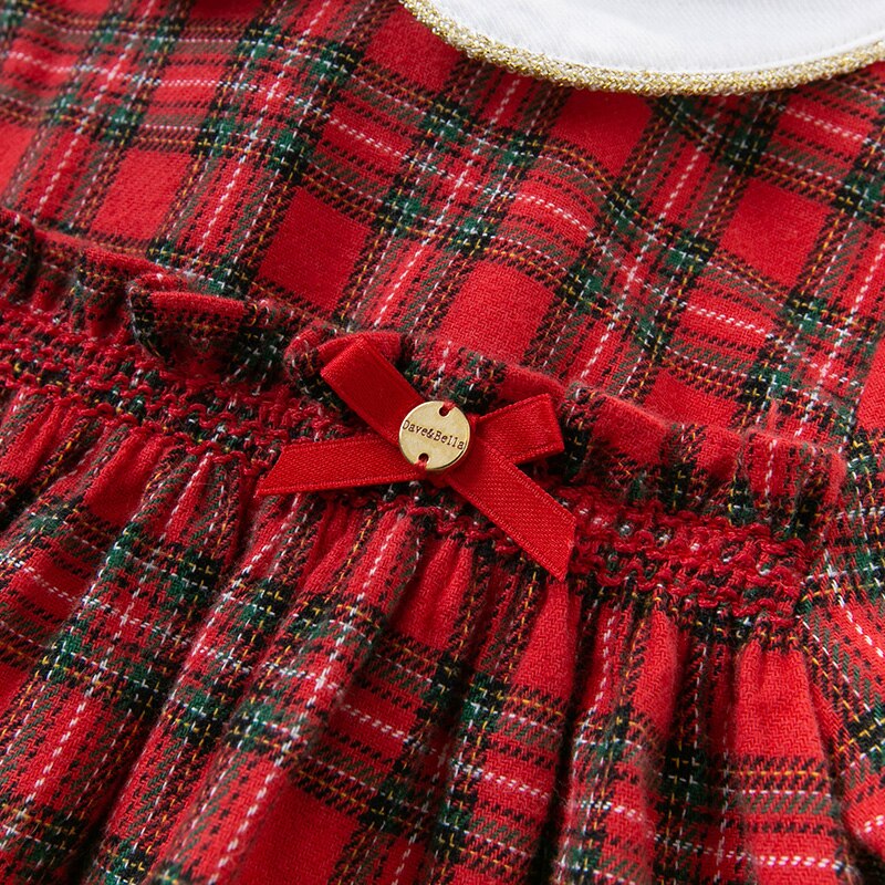 DB14876 dave bella autumn baby girl's cute bow ruched plaid print dress children fashion party dress kids infant lolita clothes