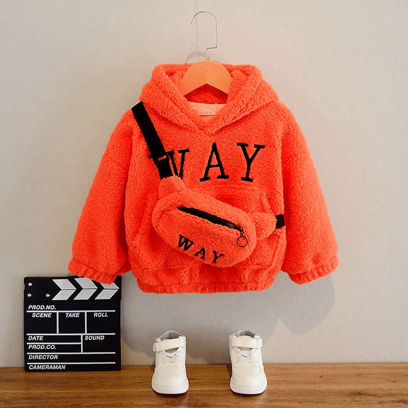 Boys Girls Sweatshirts with Bag Winter Wool Thick Children Hooded Long Sleeves Sweatshirt Unisex Warm Boy Girls Sweatshirts