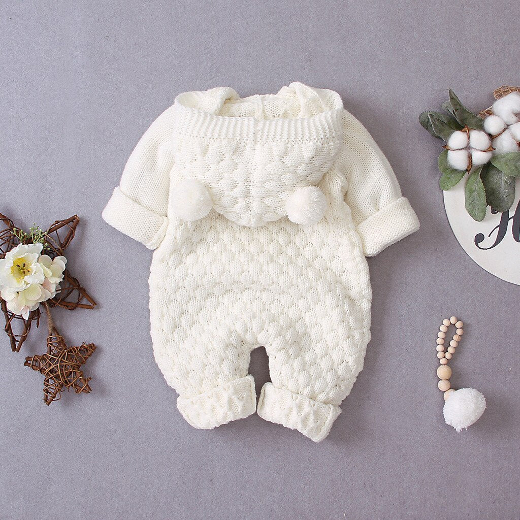 Children's Fur Ball Hooded Knitted One-piece Romper