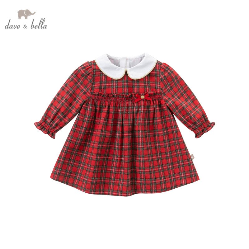 DB14876 dave bella autumn baby girl's cute bow ruched plaid print dress children fashion party dress kids infant lolita clothes